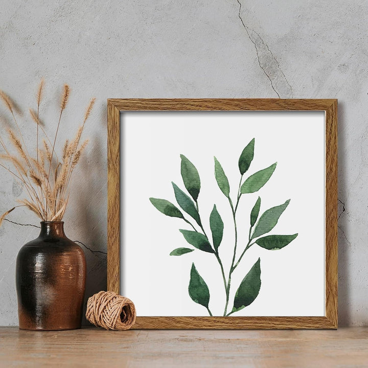 Botanical Framed Wall Art Set – 4-Piece Green Plant Prints with MDF Frames, 10x10 Inches Each, Modern Home Decor Peach Maple