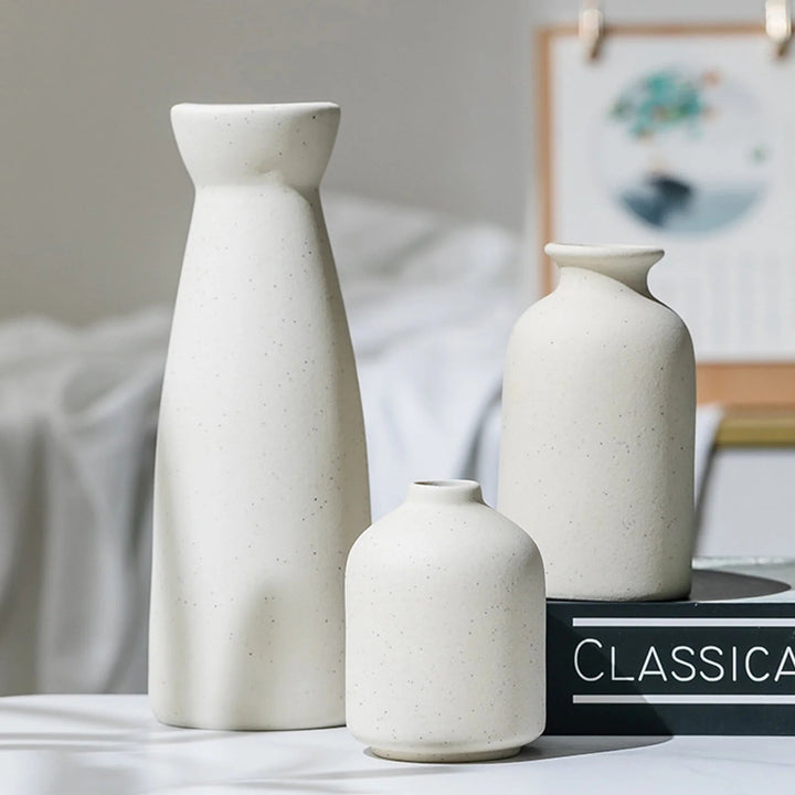 Boho Chic Ceramic Vase Trio - White Distressed Flower Vases GH Modern Living