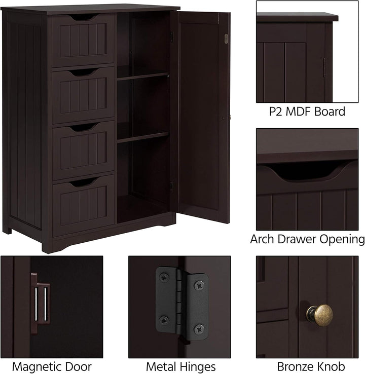 Wooden Bathroom Floor Cabinet with 4 Drawers & Adjustable Shelf Cupboard – Freestanding Storage Organizer Peach Maple