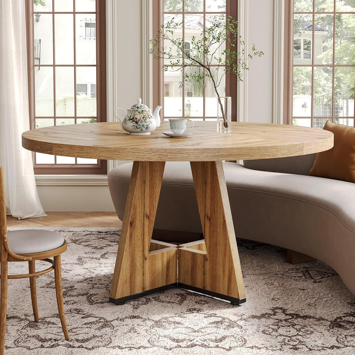 47" Round Farmhouse Dining Table with Pedestal Base – Seats 4-6, Light Brown Peach Maple