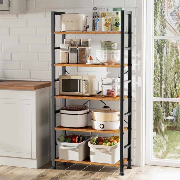 Modern 5-Tier Tall Bookshelf with Metal Frame – Space-Saving Industrial Bookcase Storage Shelf for Living Room, Bedroom, or Office – 62.2" H Freestanding Wood Shelving Unit Peach Maple