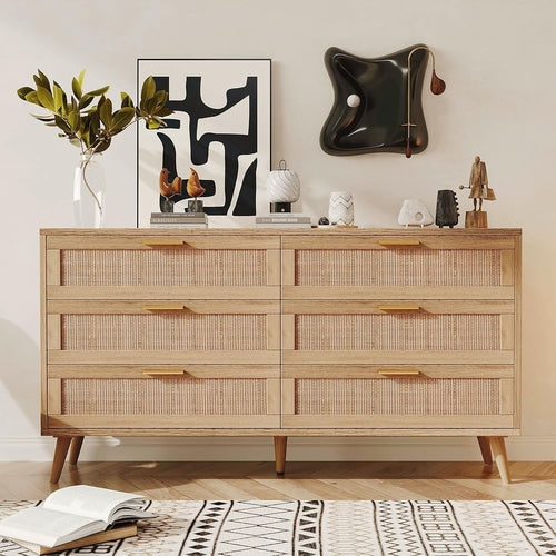6-Drawer Rattan Dresser – Boho Chic Mid-Century Storage Cabinet with Golden Handles, Natural Finish, Versatile for Bedroom, Entryway, or Living Room Peach Maple