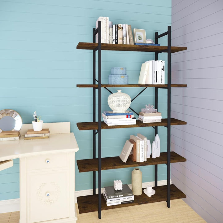 Rustic 5-Tier Bookshelf with Faux Marble Wood Shelves – Industrial Bookcase with Metal Frame and X-Brace, 31.5" Wide Ladder Shelf for Living Room, Kitchen, or Office Peach Maple