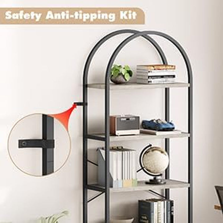 IDEALHOUSE 5-Tier Tall Bookshelf with Wood Grain MDF & Metal Frame – Industrial Grey Bookcase with Gold Accents, X-Shaped Support, Adjustable Feet, and Anti-Tip Safety Straps (23.6" W x 70.9" H) Peach Maple