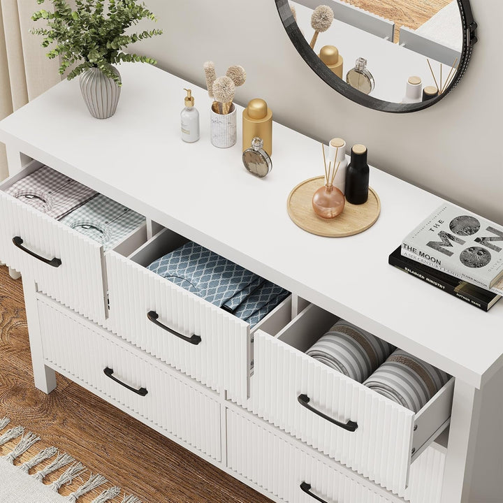 Modern White 7-Drawer Dresser with Fluted Panels – Wide Storage Chest with Black Handles, MDF Wood, for Bedroom, Living Room, or Hallway Peach Maple