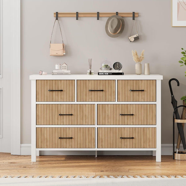 Jocoevol 7-Drawer White Wood Dresser with Fluted Panels – Modern Storage Chest for Bedroom, Living Room, Entryway Peach Maple