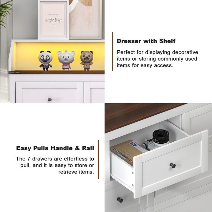 54" Rustic 7 Drawer Dresser with LED Lights, USB & AC Charging Ports – White Wood Chest for Bedroom, Living Room, Hallway Peach Maple