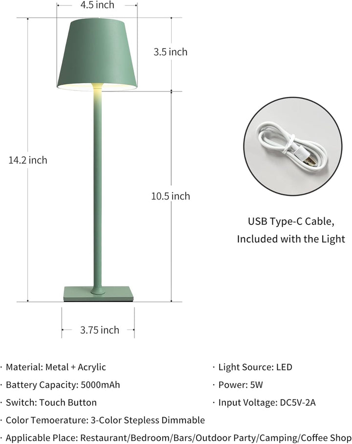 Cordless LED Table Lamp – Portable Metal Touch Lamp with 5000mAh Battery, Stepless Dimming (3000K–6000K), USB-C Charging, Indoor/Outdoor Use Peach Maple