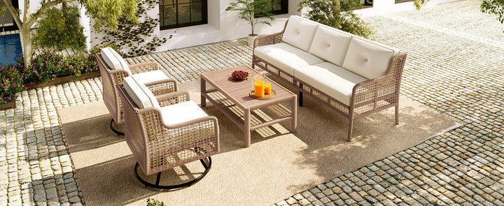 5-Piece Outdoor Patio Furniture Set with 3-Seat Sofa, 2 Swivel Chairs & Wood Coffee Table – PE Rattan Wicker, Beige Cushions, Weatherproof Design Sangria Beech