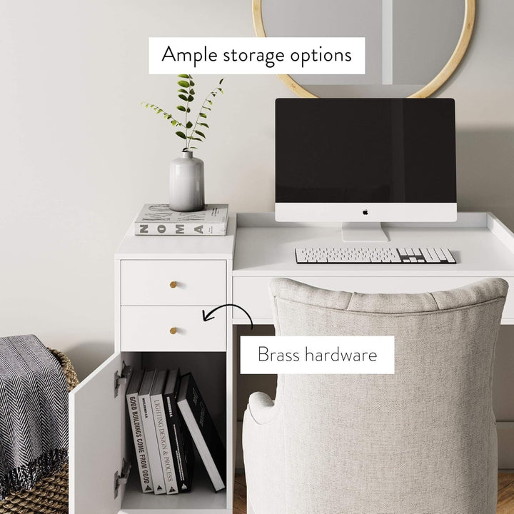Daisy Mid-Century White Vanity Desk with Brass Knobs – 4-Drawer Makeup Table & Writing Desk for Bedroom or Home Office Peach Maple