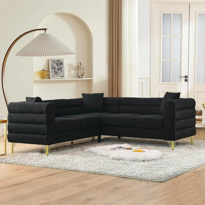 Black Oversized Corner Sofa 5 Seater, Teddy Fabric Peach Maple