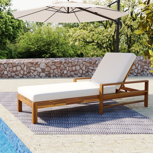 Adjustable Acacia Wood Outdoor Lounge Chair with Cushion – 3-Position Recliner, Natural Finish, Weather-Resistant Patio Seating for Garden, Balcony, or Poolside Sangria Beech