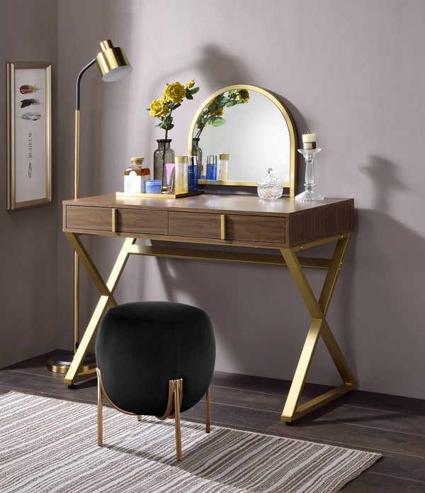 Coleen Walnut & Gold Finish Vanity Desk W/Mirror & Jewelry Tray GH Modern Living