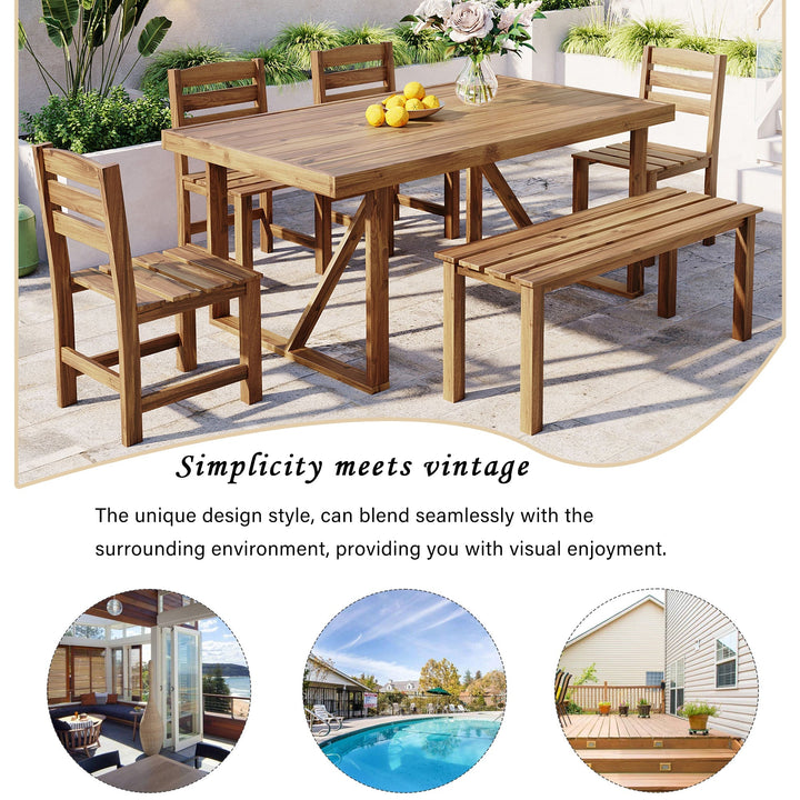 6-Piece Outdoor Acacia Wood Dining Set – Includes Table, Bench & 4 Chairs – Modern Patio Furniture for Garden, Balcony, or Deck (Brown) Sangria Beech