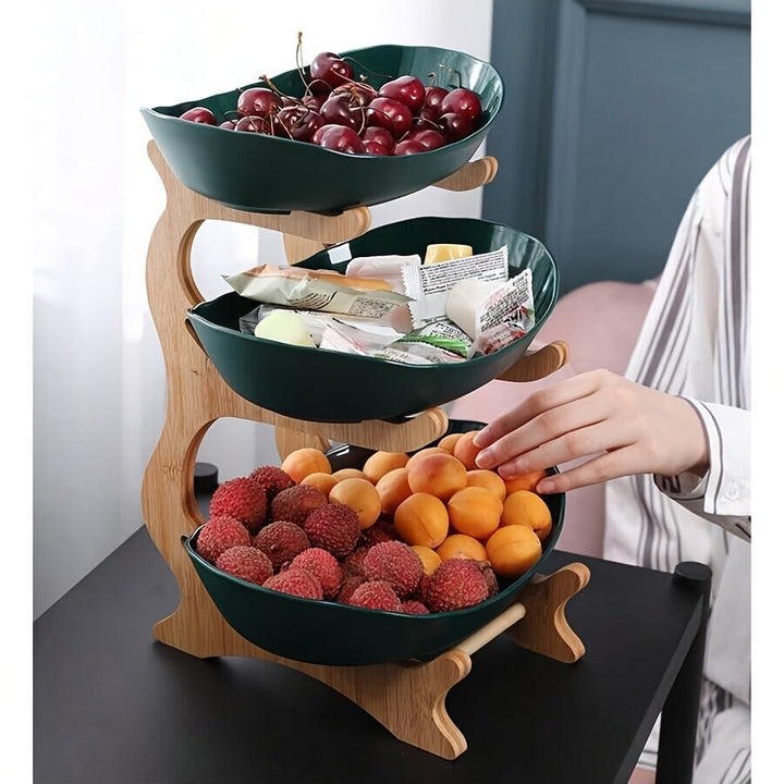 MultiLayer Bamboo-Style Fruit Basket & Snack Tray Set – Stackable, Food-Safe Plastic Organizer for Kitchen & Snacks Champagne Apollo