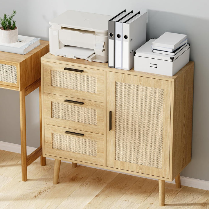 Modern Storage Cabinet, Free Standing Buffet Cabinet, Black Sideboard Peach Maple
