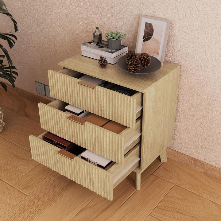 Modern Wood 3-Drawer Dresser with Fluted Wave Panel & Aluminum Handles – Stylish Storage Chest with Solid Wood Legs Peach Maple