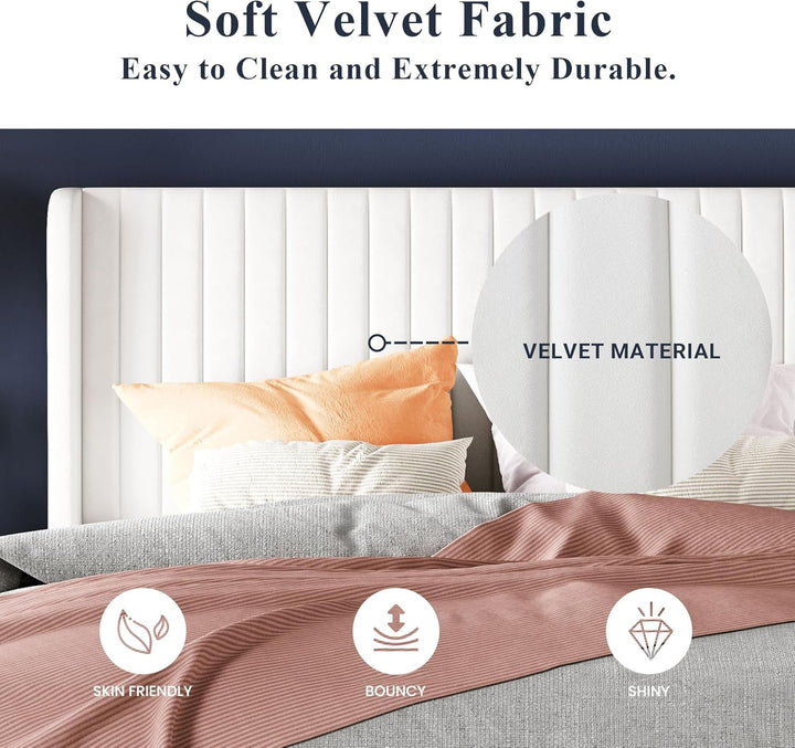 Velvet Wingback Platform Bed Frame – Full/Queen/King Size, Upholstered Headboard, No Box Spring Needed, 800 lbs Weight Capacity – Multiple Colors Peach Maple