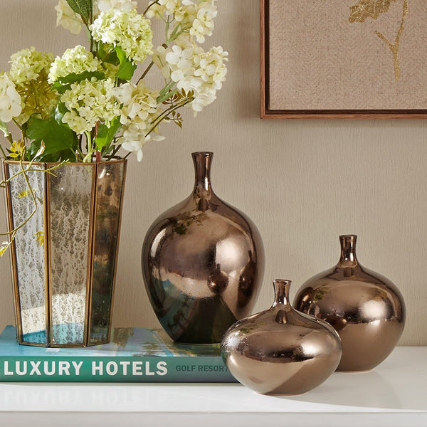 Mirrored Ceramic Decorative Vases 3-piece set Bronze 3-Piece GH Modern Living