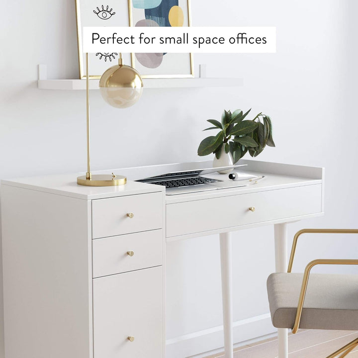 Daisy Mid-Century White Vanity Desk with Brass Knobs – 4-Drawer Makeup Table & Writing Desk for Bedroom or Home Office Peach Maple