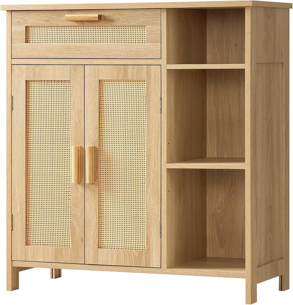 Natural Rattan Boho Storage Cabinet with Adjustable Shelves Peach Maple