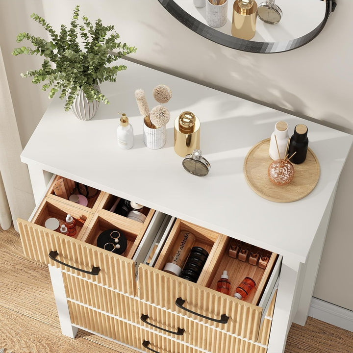 White Fluted 6-Drawer Dresser – Modern Tall Chest with Wavy Panels & Black Handles for Bedroom, Living Room, or Entryway Peach Maple