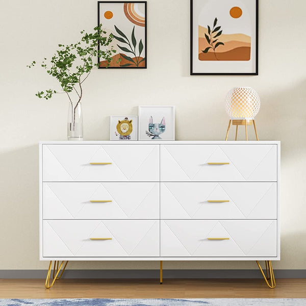 Modern White 6-Drawer Dresser with Gold Handles – Spacious, Sturdy & Stylish Bedroom Storage Chest Peach Maple