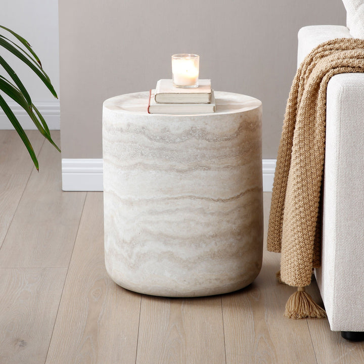 Modern Beige Round Fiberglass Coffee Table – Faux Travertine Side Table for Living Room Sangria Beech