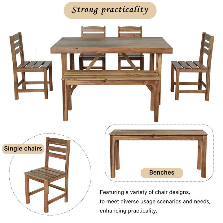 6-Piece Outdoor Acacia Wood Dining Set – Includes Table, Bench & 4 Chairs – Modern Patio Furniture for Garden, Balcony, or Deck (Brown) Sangria Beech