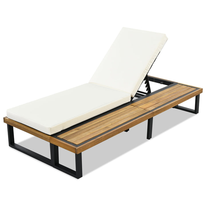 Adjustable Outdoor Chaise Lounge Chair with 5-Position Recline, Acacia Wood Frame & Thick Cushion – Poolside Recliner with Side Table, Beige Sangria Beech