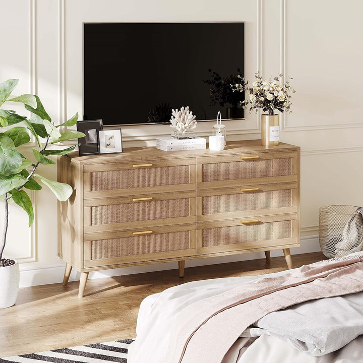 6-Drawer Rattan Dresser – Boho Chic Mid-Century Storage Cabinet with Golden Handles, Natural Finish, Versatile for Bedroom, Entryway, or Living Room Peach Maple