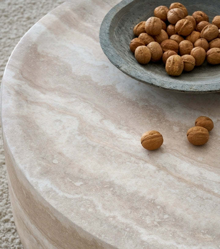 Modern Round Faux Travertine Coffee Table – 31.5" Fiberglass Center Table for Living Room, No Assembly Needed Sangria Beech