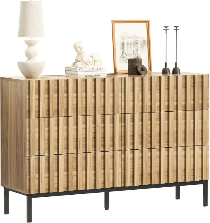 Modern 6-Drawer Wooden Dresser with Vertical Line Accents – Spacious Storage Chest for Bedroom & Living Room Peach Maple