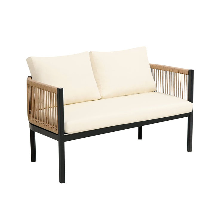 5-Piece Modular Outdoor Sofa Set with Tempered Glass Table – Beige Cushions, PE Wicker & Rust-Resistant Iron Frame Sangria Beech