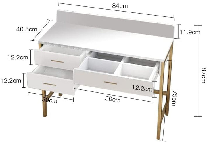 Modern White Vanity Desk with 3 Drawers & Gold Metal Legs – Compact Makeup Table or Computer Desk with Storage & Anti-Fall Fence for Bedroom or Home Office Peach Maple