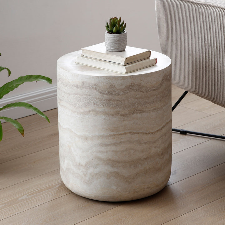 Modern Beige Round Fiberglass Coffee Table – Faux Travertine Side Table for Living Room Sangria Beech