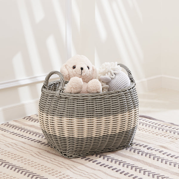 Zita Oval Resin Woven Wicker Multi-Use Storage Basket with Handles - 18' x 15' x 11.4' - White-Gray - For Towel, Toys, Magazines Storage and Home Decoration GH Modern Living