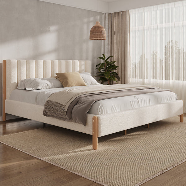 King Size Bed Frame with Boucle Upholstered Thick Headboard, Solid Wooden Legs, White GH Modern Living