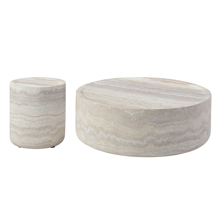 Set of 2 Faux Travertine Round Coffee Table & Side Table – Modern Textured Fiberglass Tables for Living Room Sangria Beech