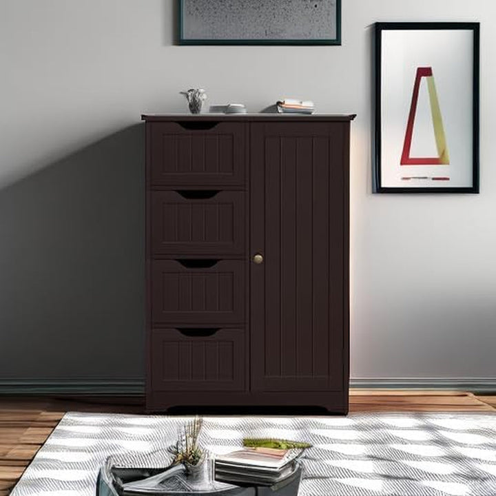 Wooden Bathroom Floor Cabinet with 4 Drawers & Adjustable Shelf Cupboard – Freestanding Storage Organizer Peach Maple
