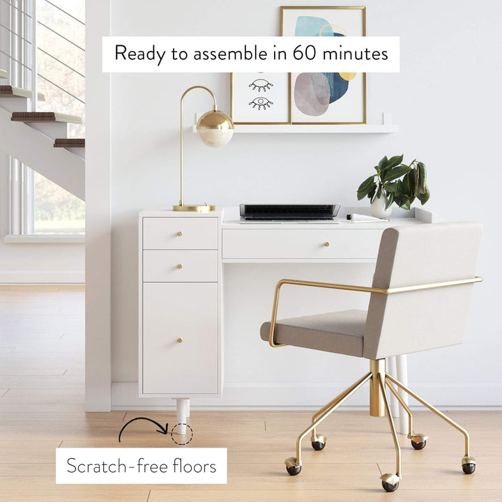 Daisy Mid-Century White Vanity Desk with Brass Knobs – 4-Drawer Makeup Table & Writing Desk for Bedroom or Home Office Peach Maple