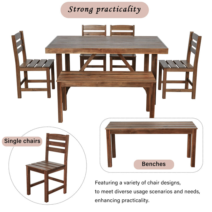 6-Piece Outdoor Acacia Wood Dining Set – Includes Table, Bench & 4 Chairs – Modern Patio Furniture for Garden, Balcony, or Deck (Brown) Sangria Beech