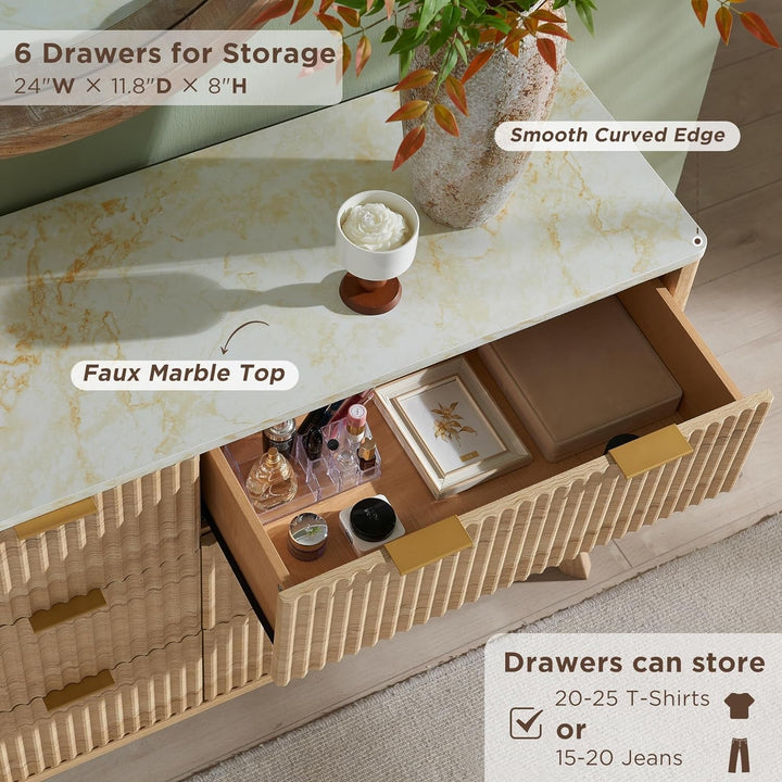 Modern 6-Drawer Dresser with Fluted Panels & Faux Marble Top – 54" Wide Storage Cabinet for Bedroom, Living Room, or Entryway Peach Maple