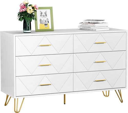 Modern White 6-Drawer Dresser with Gold Handles – Spacious, Sturdy & Stylish Bedroom Storage Chest Peach Maple
