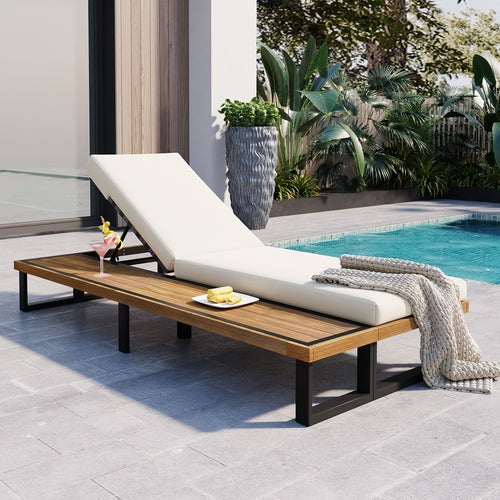 Adjustable Outdoor Chaise Lounge Chair with 5-Position Recline, Acacia Wood Frame & Thick Cushion – Poolside Recliner with Side Table, Beige Sangria Beech