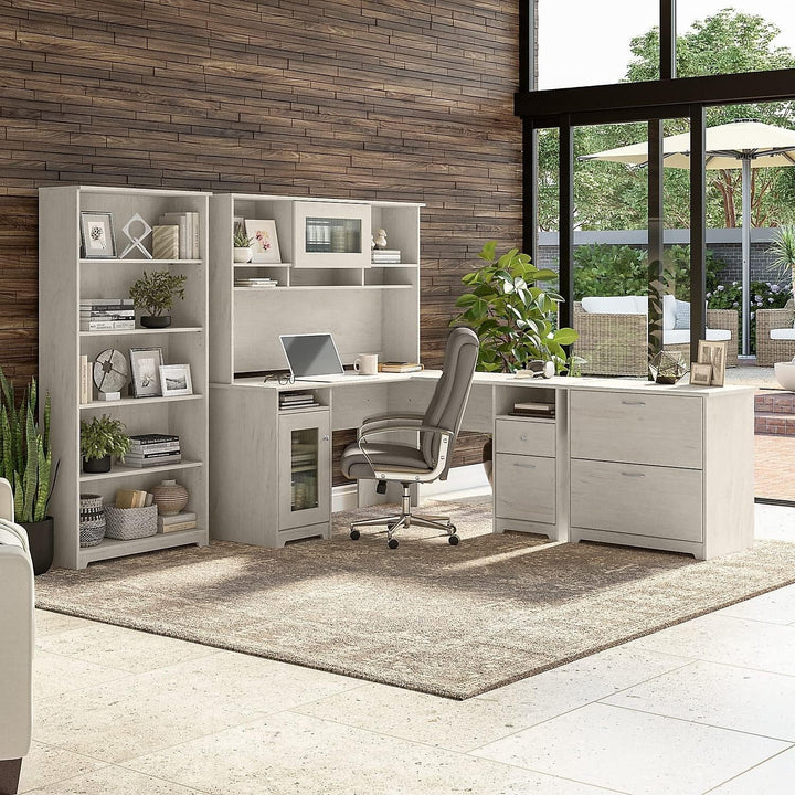 Tall 5 Shelf Bookcase in Linen White Oak – Adjustable Modern Bookshelf for Home Office or Living Room Peach Maple