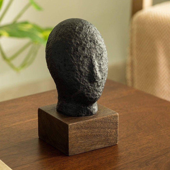 Calm face Handmade Eco mix sculpture In Black color   Decorative Object, 3.9X3.5X7.4' GH Modern Living