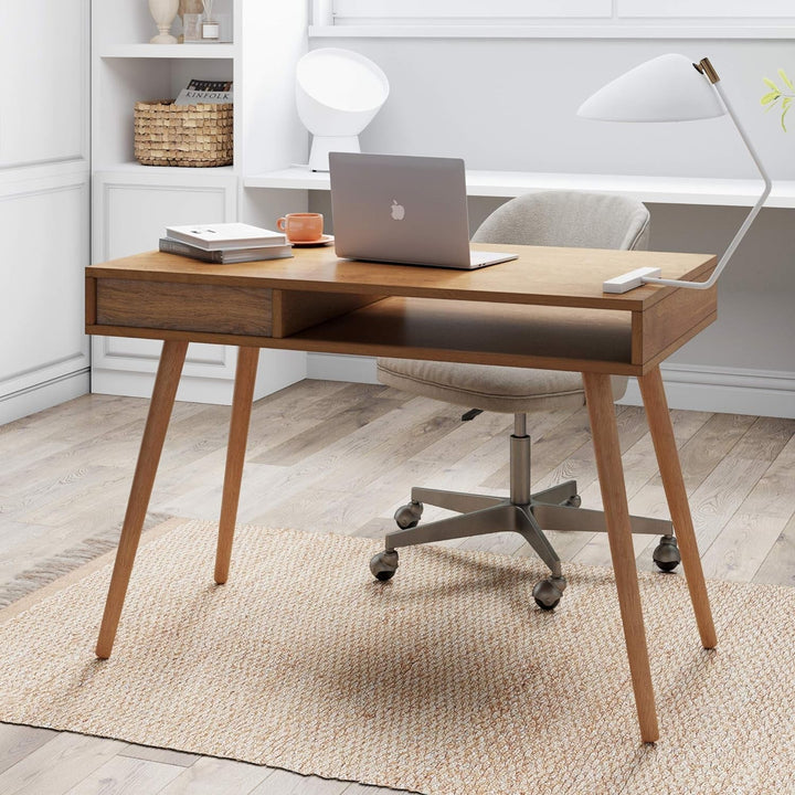 42" Walnut Mid-Century Modern Home Office Desk with Drawer & Cubby Storage – Parker Collection Peach Maple