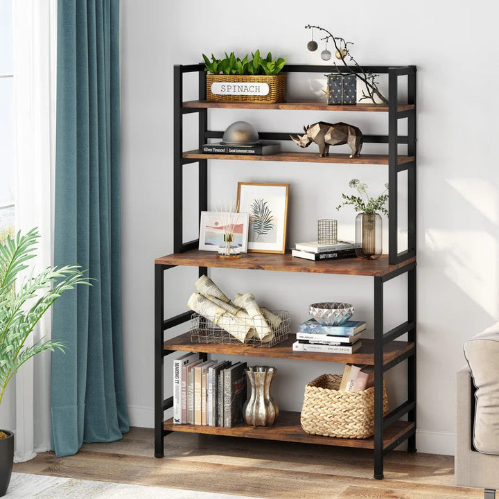 Industrial Kitchen Baker’s Rack with Shelves – Microwave Stand & Storage Organizer, Woodgrain & Metal Frame Yellow Crius