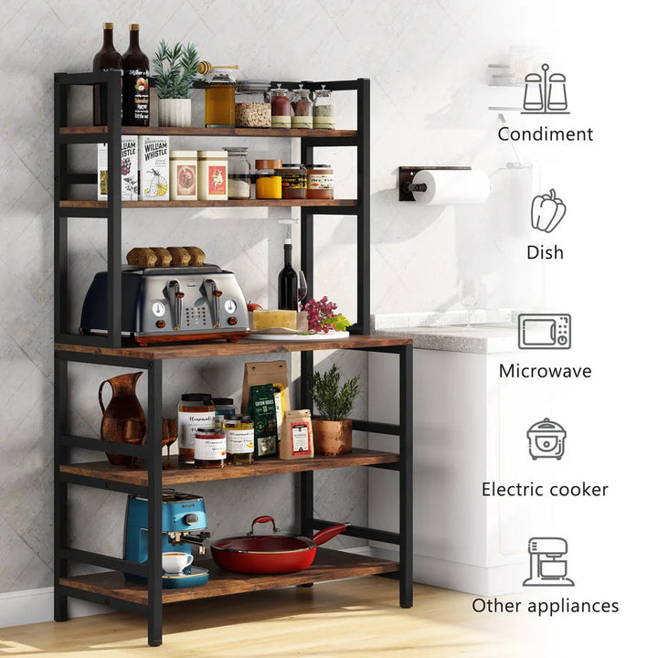 Industrial Kitchen Baker’s Rack with Shelves – Microwave Stand & Storage Organizer, Woodgrain & Metal Frame Yellow Crius